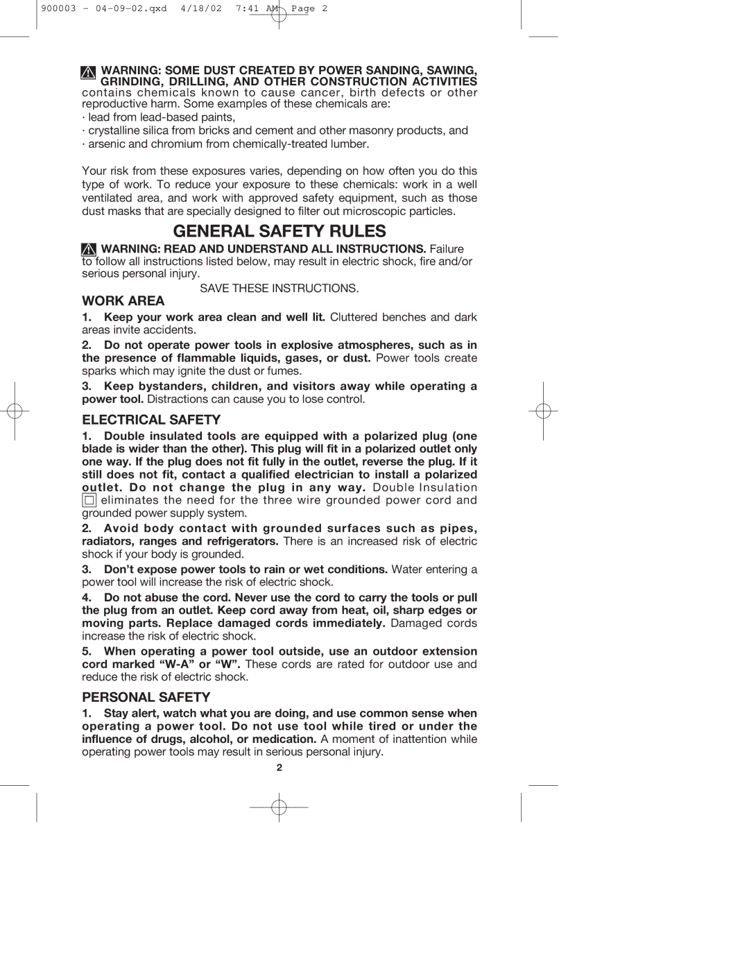 Porter-Cable 447k, 347k instruction manual General Safety Rules, Work Area, Electrical Safety, Personal Safety 