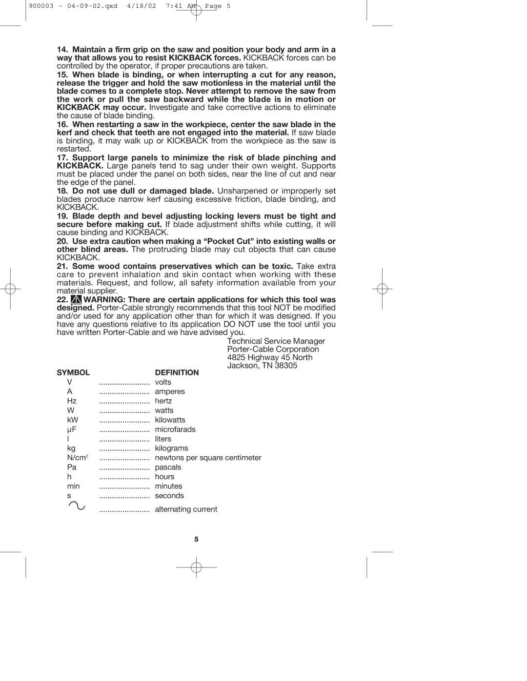 Porter-Cable 347k, 447k instruction manual Kickback 