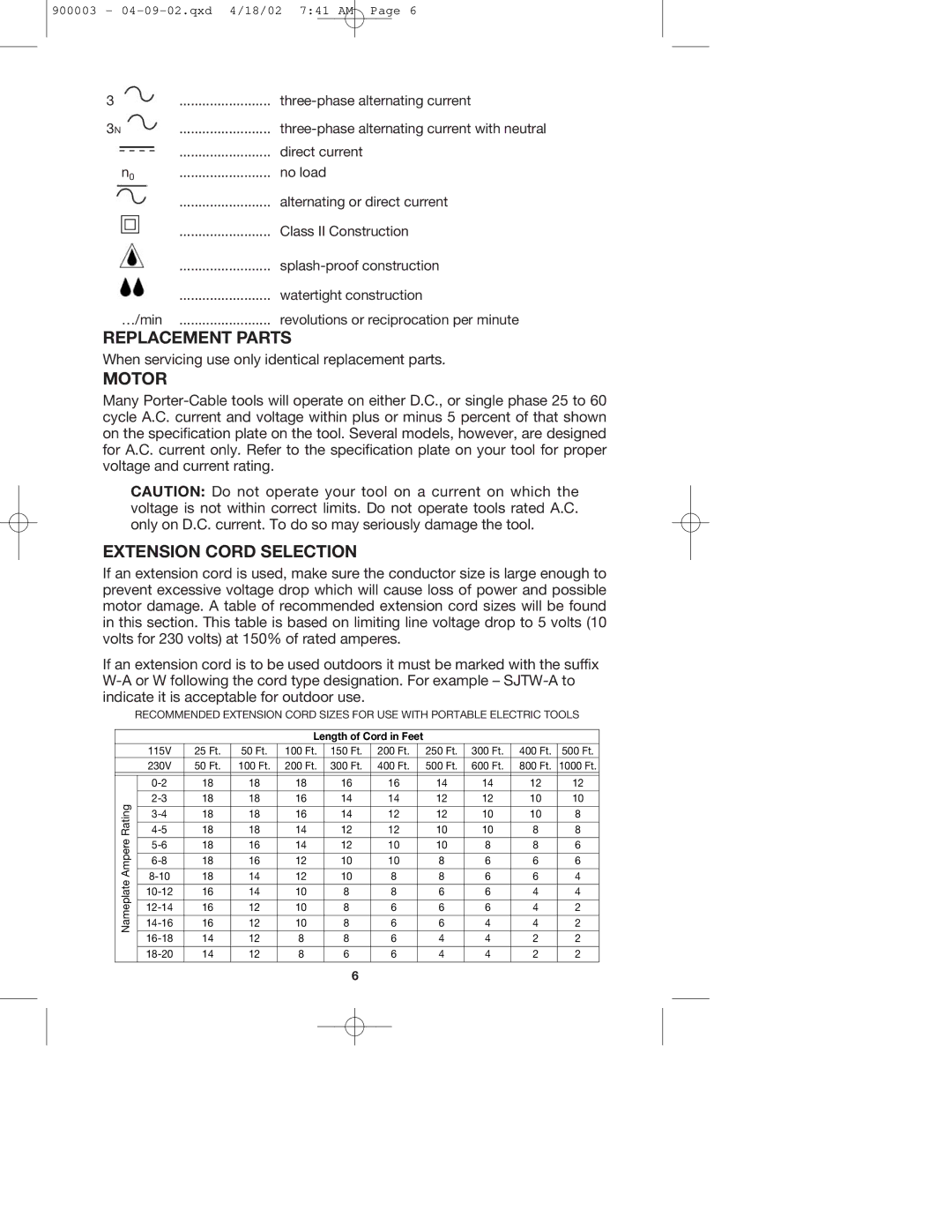 Porter-Cable 447k, 347k instruction manual Replacement Parts, Motor, Extension Cord Selection 