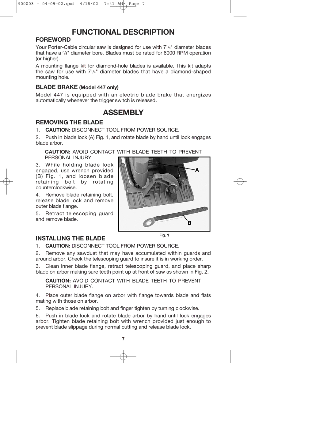 Porter-Cable 347k, 447k Functional Description, Assembly, Foreword, Removing the Blade, Installing the Blade 