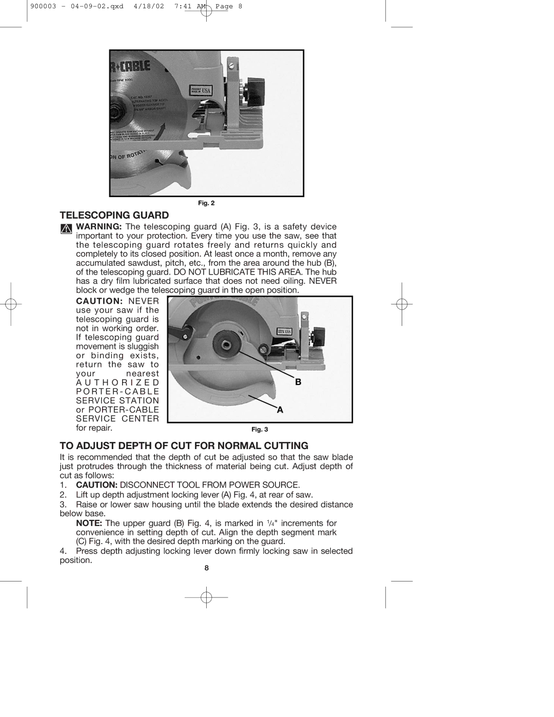 Porter-Cable 447k, 347k instruction manual Telescoping Guard, To Adjust Depth of CUT for Normal Cutting 