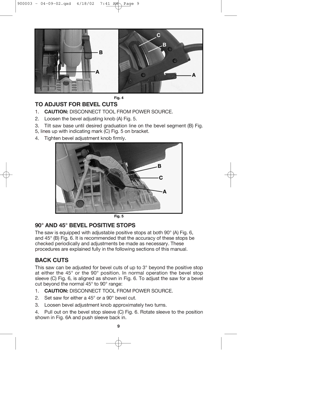 Porter-Cable 347k, 447k instruction manual To Adjust for Bevel Cuts, Bevel Positive Stops, Back Cuts 