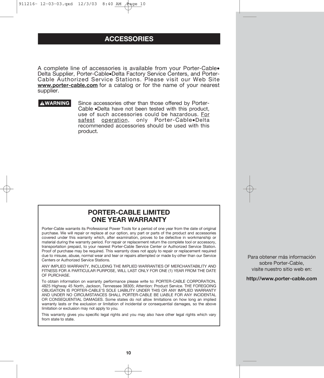 Porter-Cable 4610 instruction manual Accessories, PORTER-CABLE Limited ONE Year Warranty 