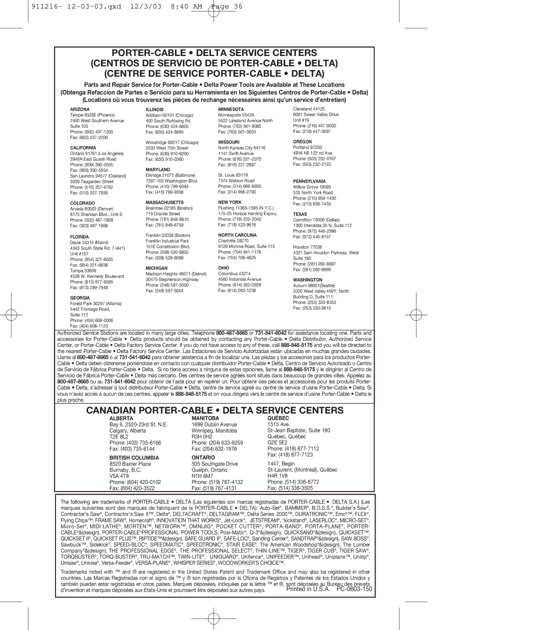 Porter-Cable 4610 instruction manual Canadian PORTER-CABLE Delta Service Centers 