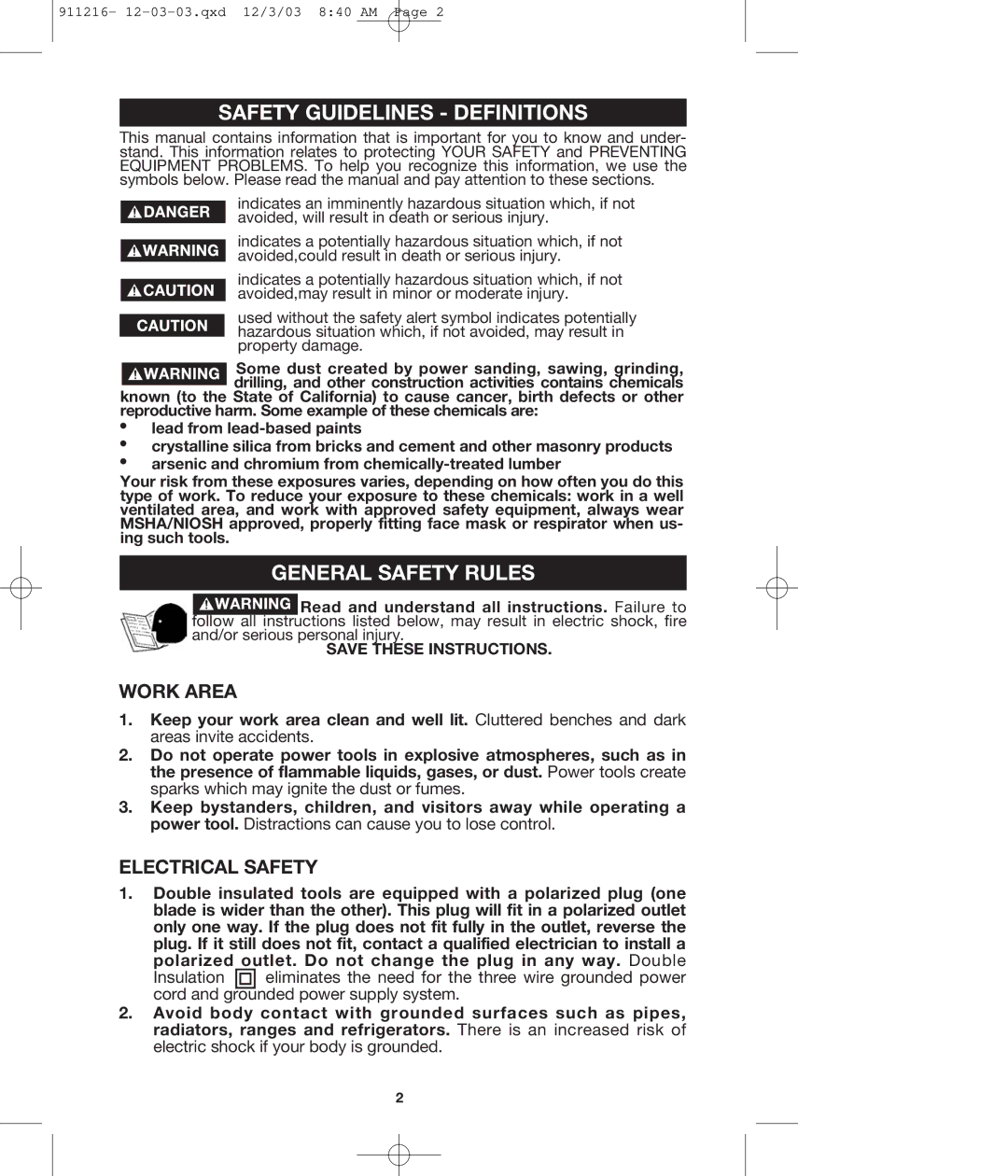 Porter-Cable 4610 instruction manual Safety Guidelines Definitions, General Safety Rules, Work Area, Electrical Safety 