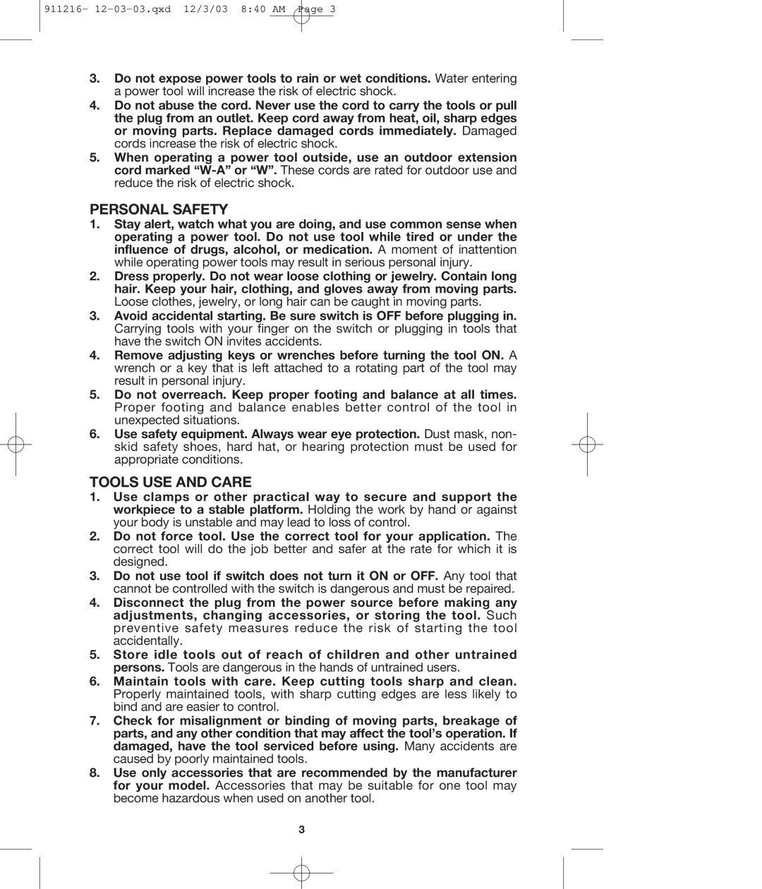 Porter-Cable 4610 instruction manual Personal Safety, Tools USE and Care 