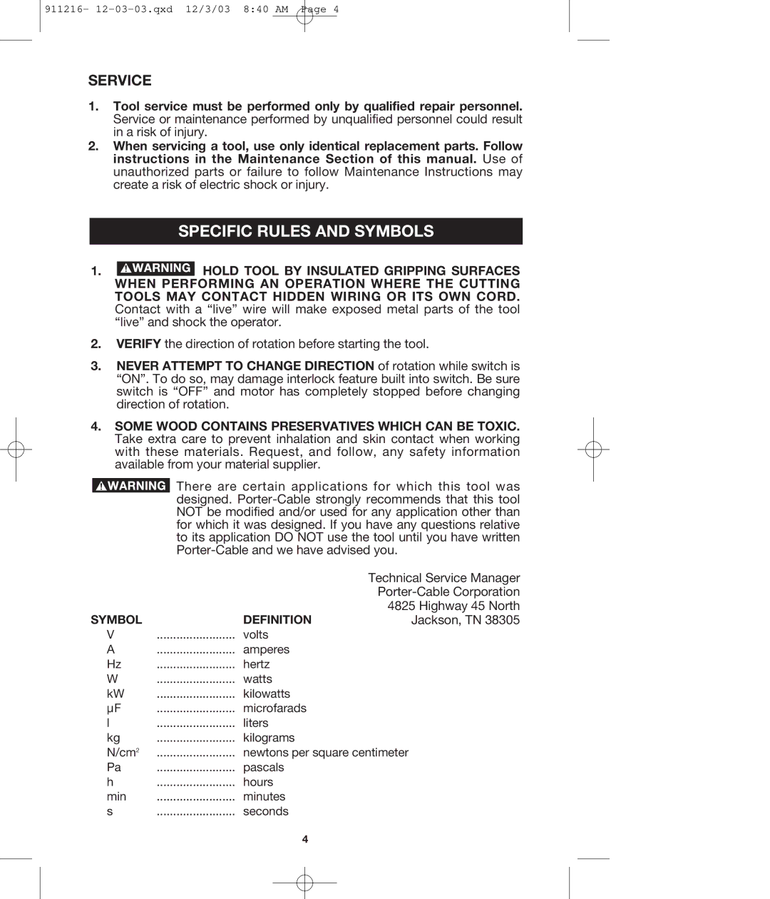 Porter-Cable 4610 instruction manual Specific Rules and Symbols, Service 