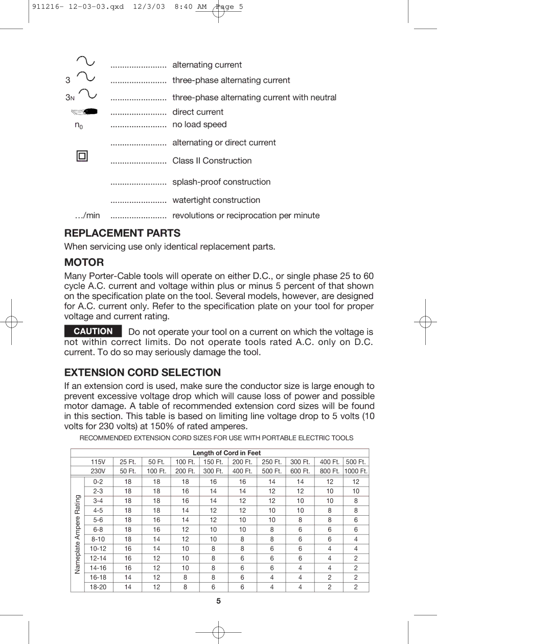 Porter-Cable 4610 instruction manual Replacement Parts, Motor, Extension Cord Selection 