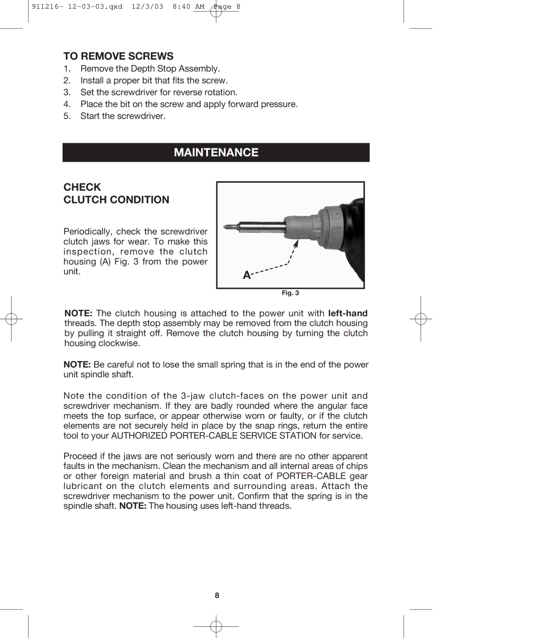 Porter-Cable 4610 instruction manual Maintenance, To Remove Screws, Check Clutch Condition 