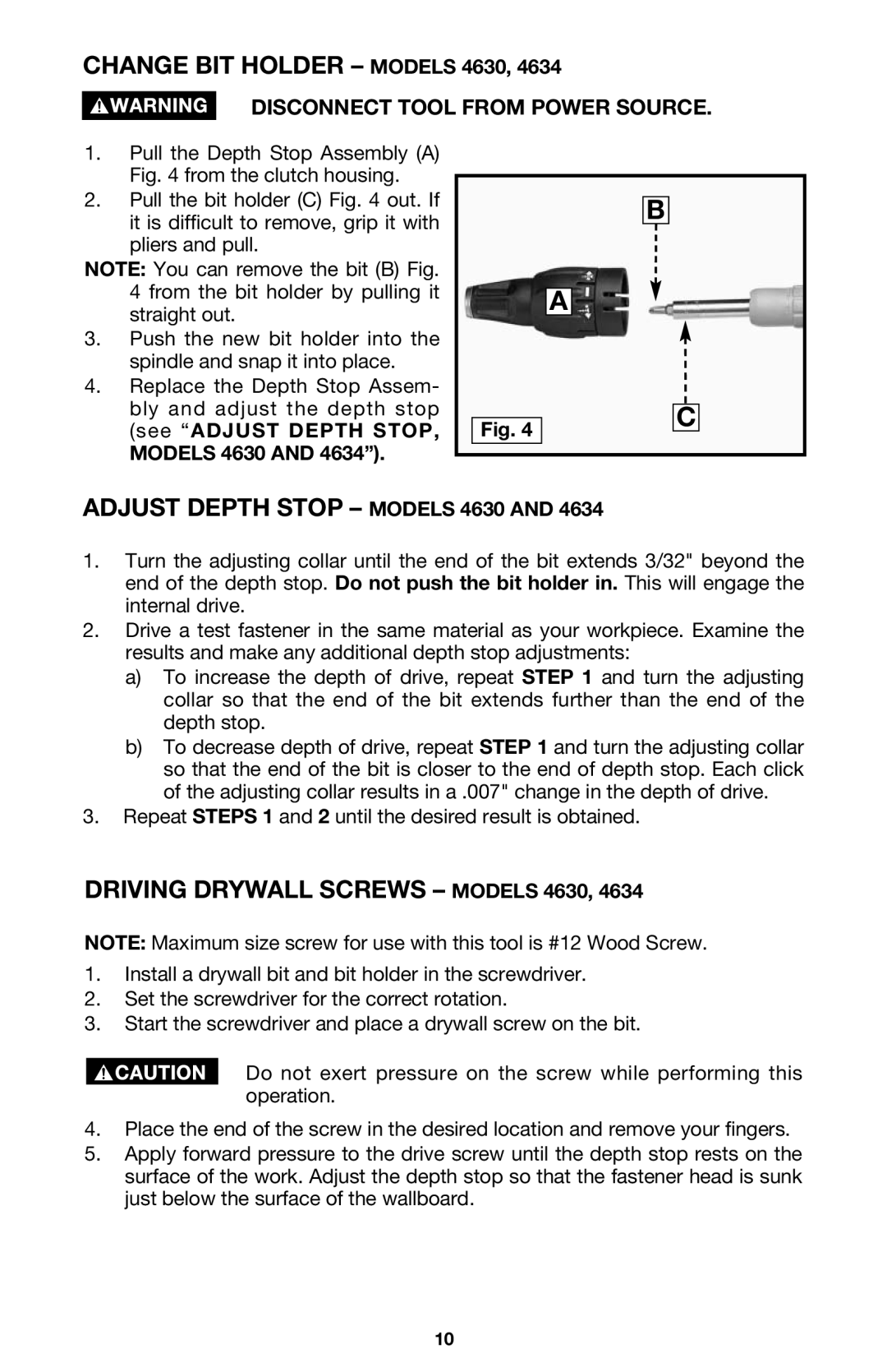 Porter-Cable 4634 Change BIT Holder Models 4630, Adjust Depth Stop Models 4630, Driving Drywall Screws Models 4630 