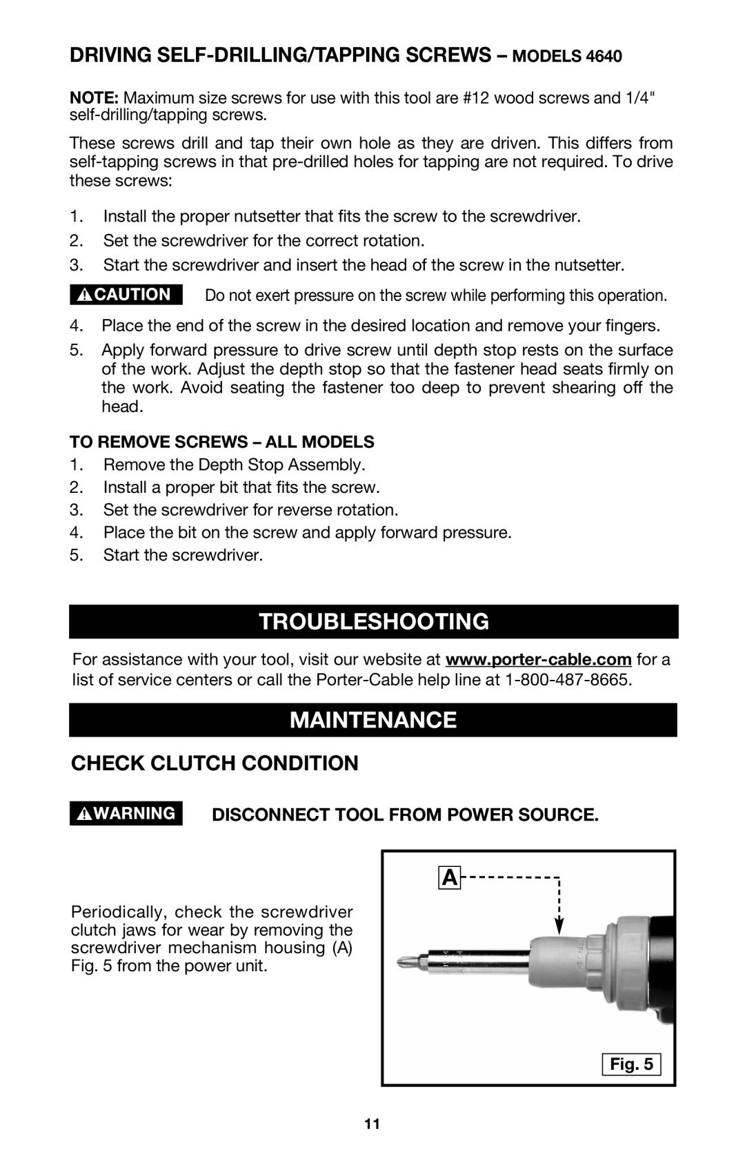 Porter-Cable 4640, 4634 Troubleshooting Maintenance, Driving SELF-DRILLING/TAPPING Screws Models, Check Clutch Condition 