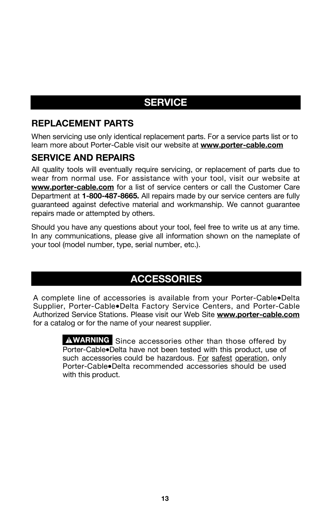 Porter-Cable 4630, 4634, 4640 instruction manual Accessories, Replacement Parts Service and Repairs 