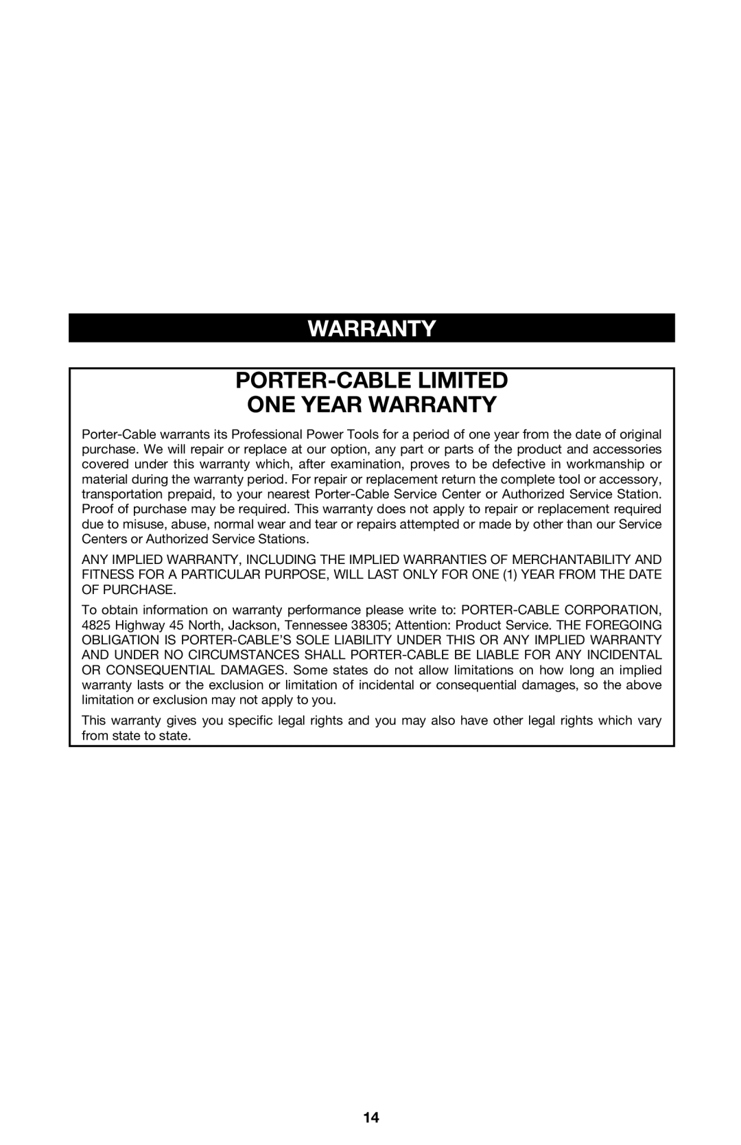 Porter-Cable 4640, 4634, 4630 instruction manual PORTER-CABLE Limited ONE Year Warranty 