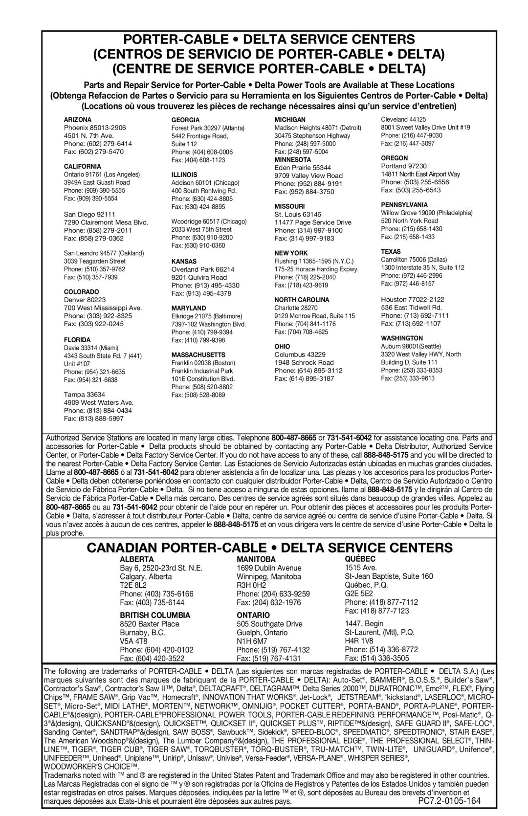 Porter-Cable 4634, 4630, 4640 instruction manual Canadian PORTER-CABLE Delta Service Centers 