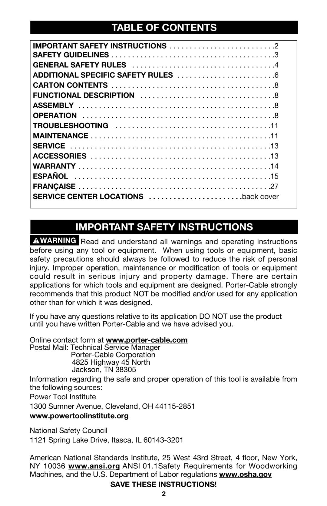 Porter-Cable 4640, 4634, 4630 instruction manual Table of Contents, Important Safety Instructions 