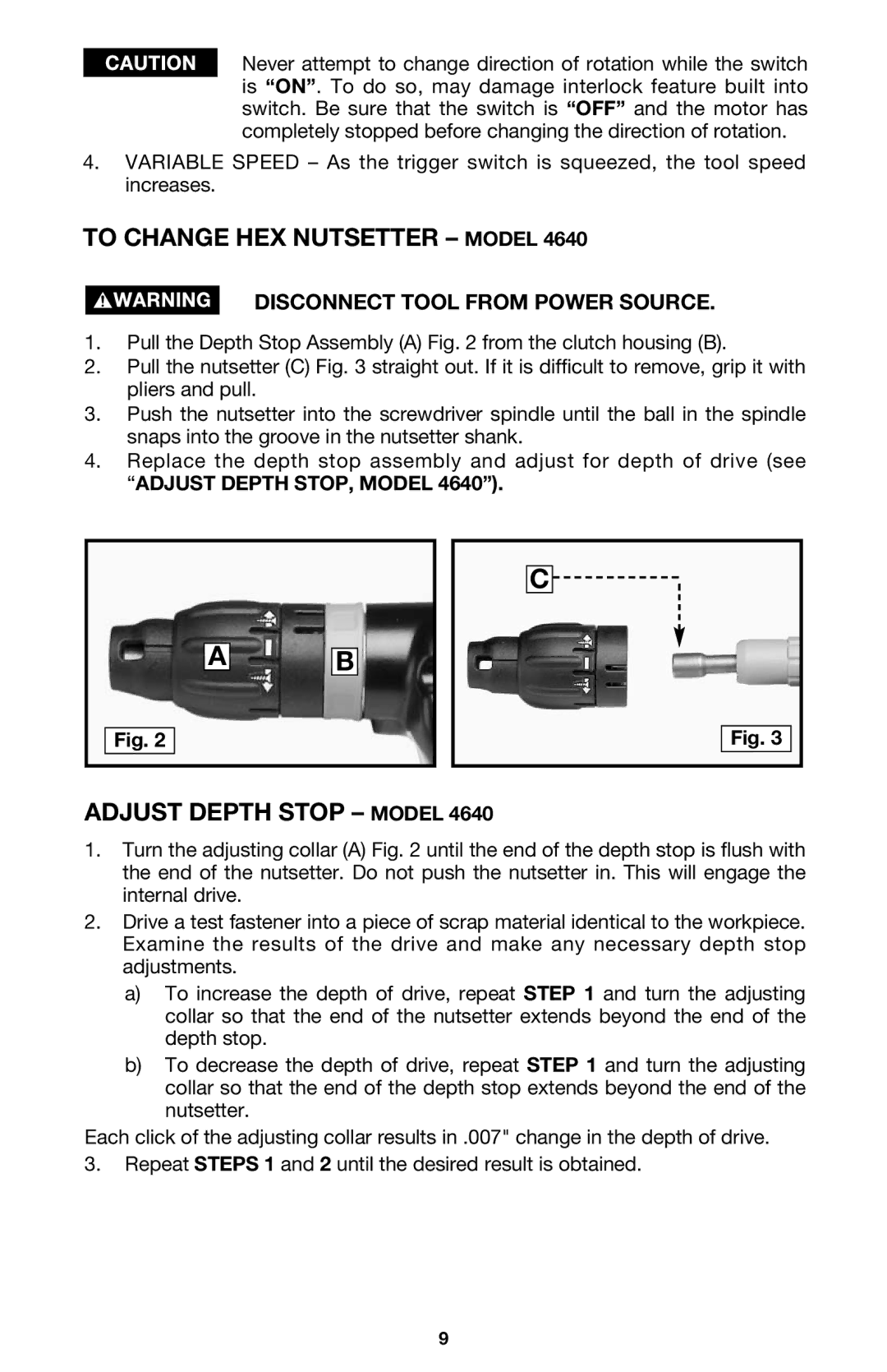 Porter-Cable 4634, 4630, 4640 instruction manual To Change HEX Nutsetter Model, Adjust Depth Stop Model 