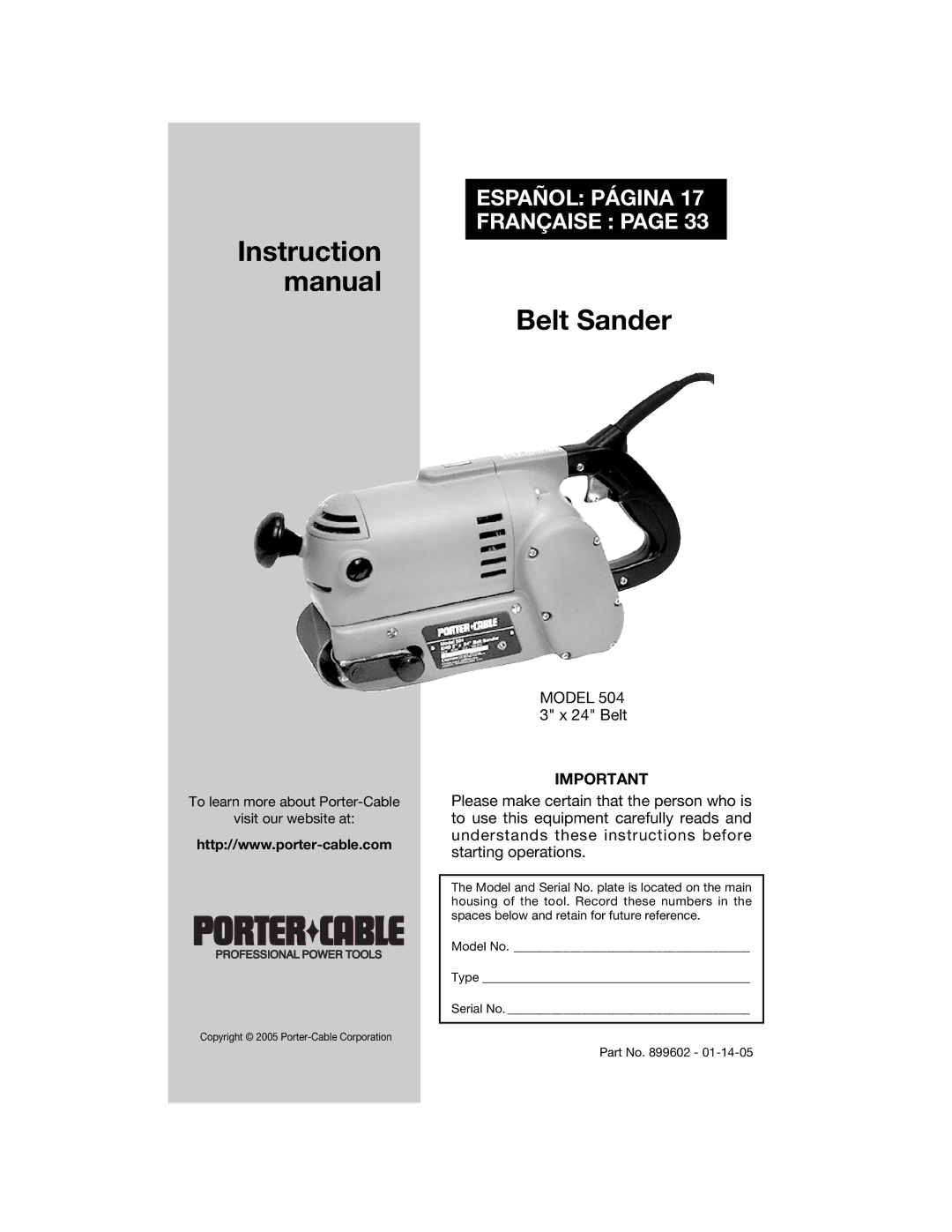 Porter-Cable 504 instruction manual Instruction Manual Belt Sander 