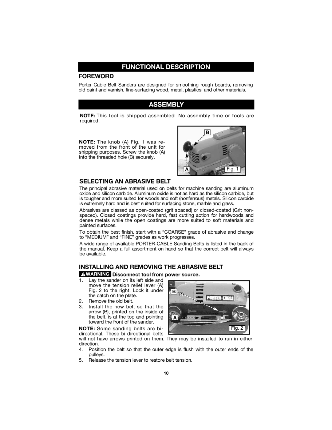 Porter-Cable 504 instruction manual Functional Description, Assembly, Foreword, Selecting AN Abrasive Belt 