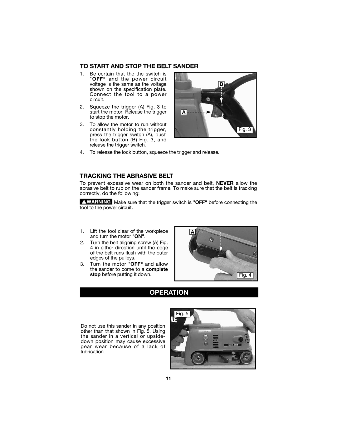 Porter-Cable 504 instruction manual Operation, To Start and Stop the Belt Sander, Tracking the Abrasive Belt 