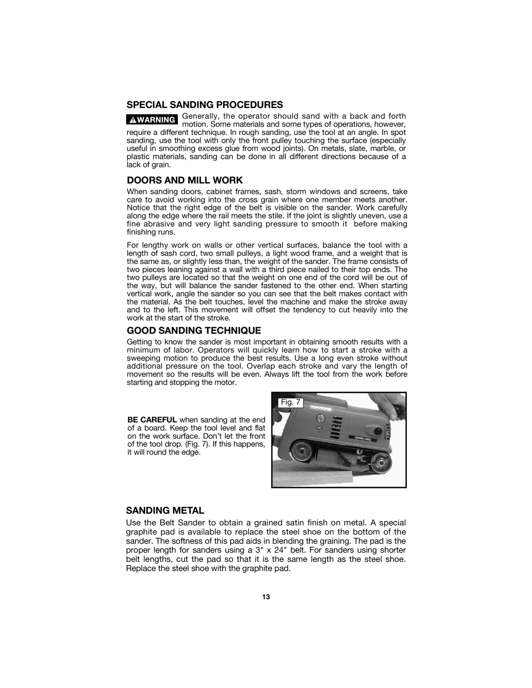 Porter-Cable 504 instruction manual Special Sanding Procedures, Doors and Mill Work, Good Sanding Technique, Sanding Metal 