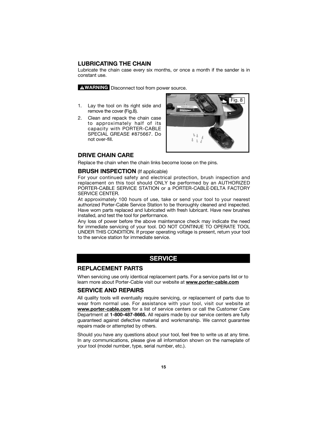 Porter-Cable 504 instruction manual Lubricating the Chain, Drive Chain Care, Replacement Parts Service and Repairs 