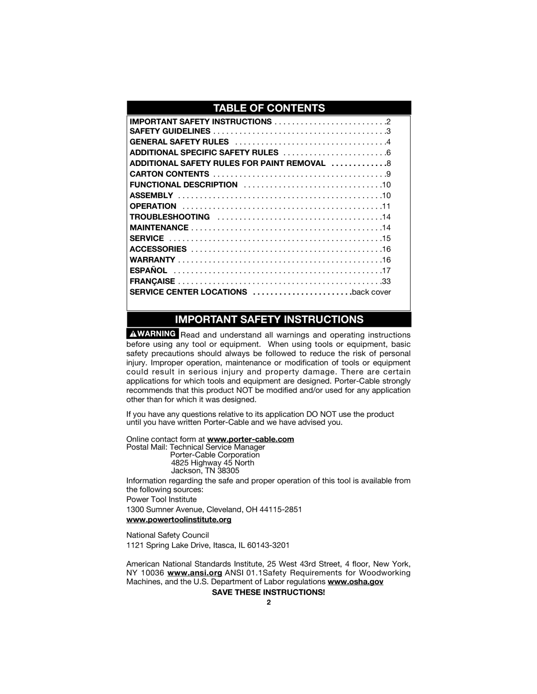 Porter-Cable 504 instruction manual Table of Contents, Important Safety Instructions 