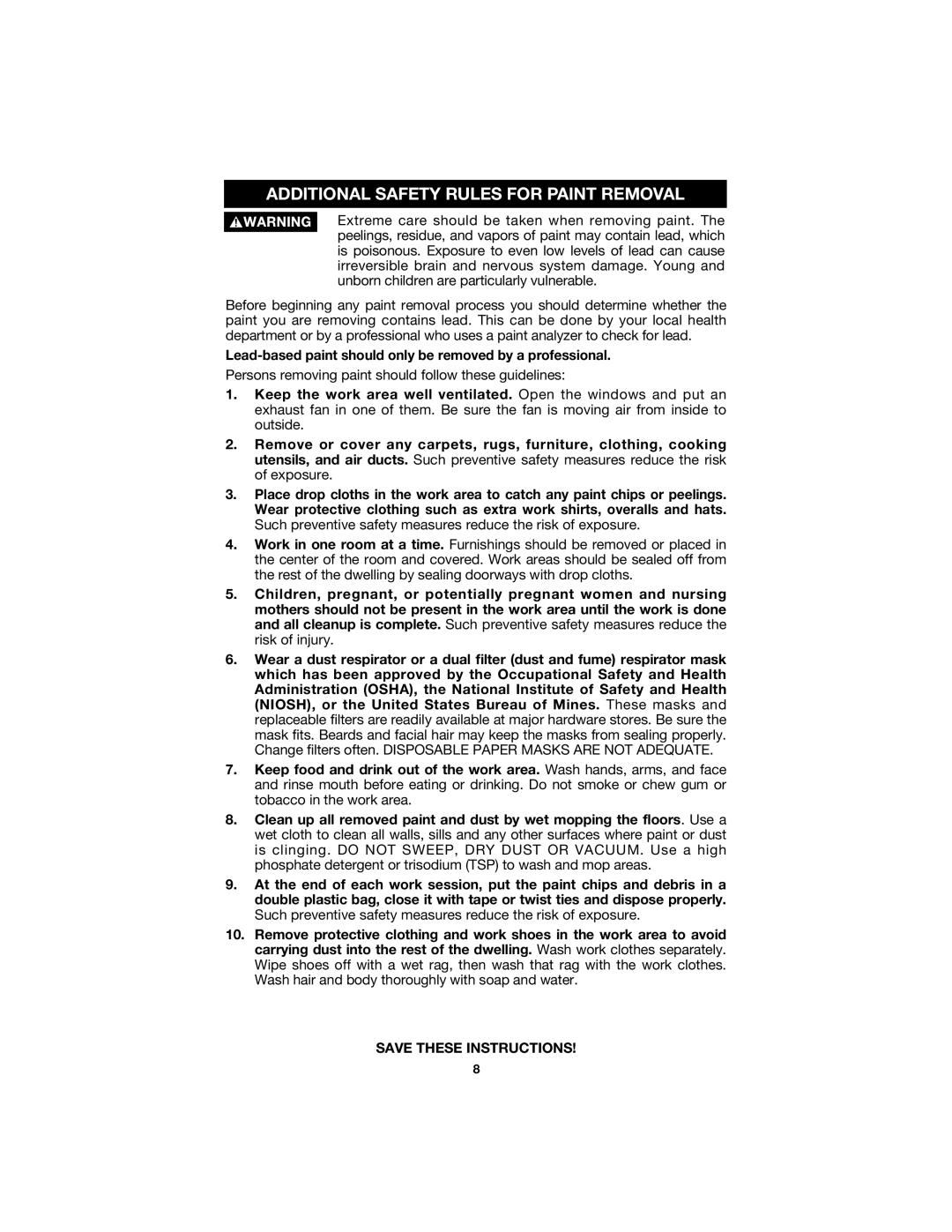 Porter-Cable 504 instruction manual Additional Safety Rules for Paint Removal 