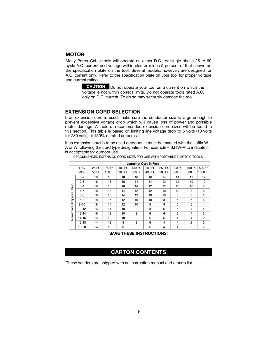 Porter-Cable 504 instruction manual Carton Contents, Motor, Extension Cord Selection 