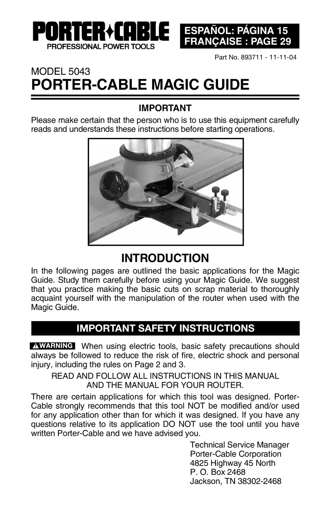 Porter-Cable 5043 important safety instructions PORTER-CABLE Magic Guide, Important Safety Instructions 