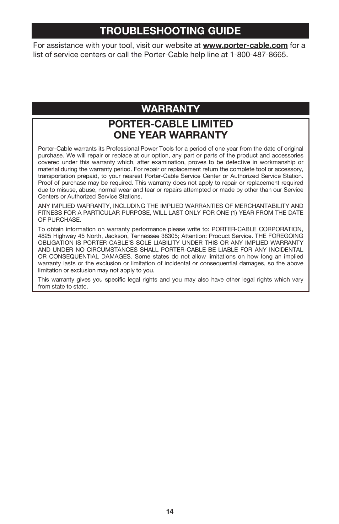 Porter-Cable 5043 important safety instructions Troubleshooting Guide Warranty, PORTER-CABLE Limited ONE Year Warranty 