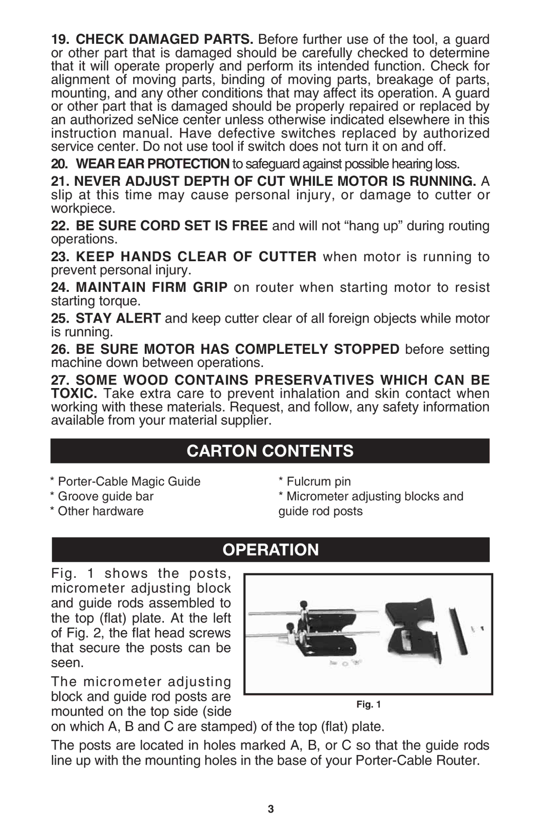 Porter-Cable 5043 important safety instructions Carton Contents, Operation 