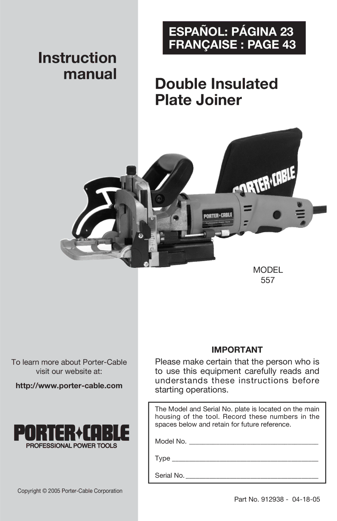 Porter-Cable 557 instruction manual Double Insulated Plate Joiner 