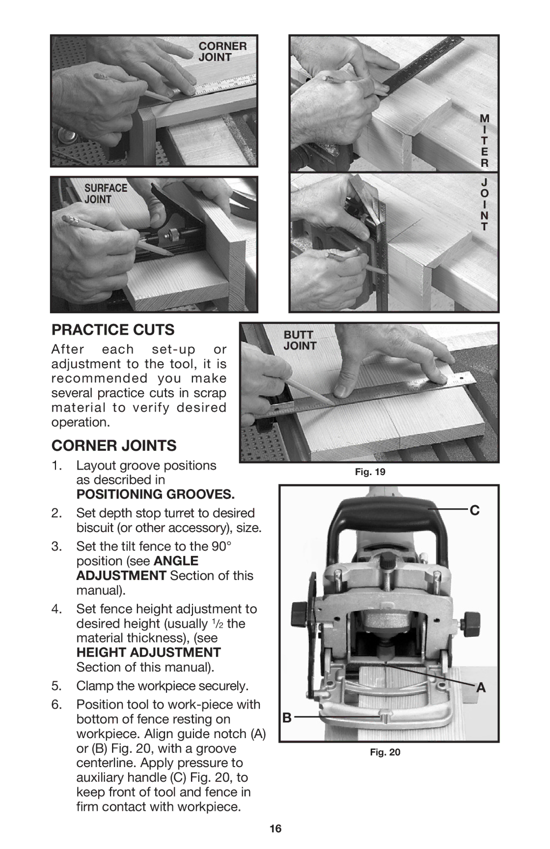 Porter-Cable 557 instruction manual Practice Cuts, Corner Joints, Positioning Grooves, Height Adjustment 