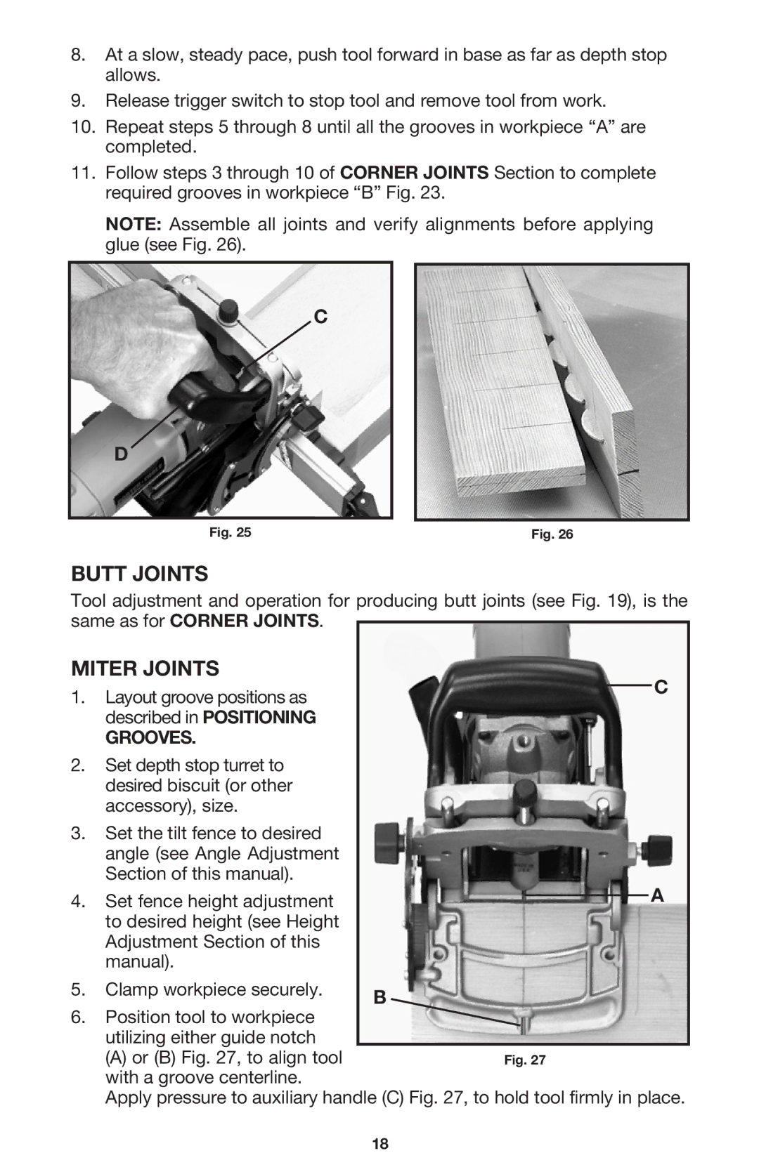 Porter-Cable 557 instruction manual Butt Joints, Miter Joints, Grooves 