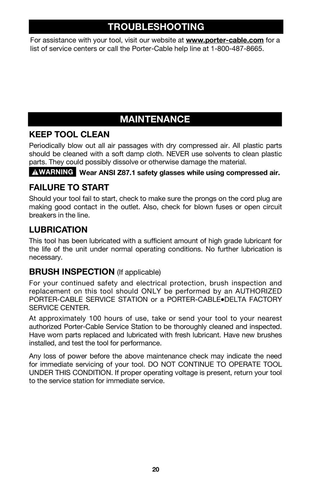 Porter-Cable 557 instruction manual Troubleshooting Maintenance, Keep Tool Clean, Failure to Start, Lubrication 