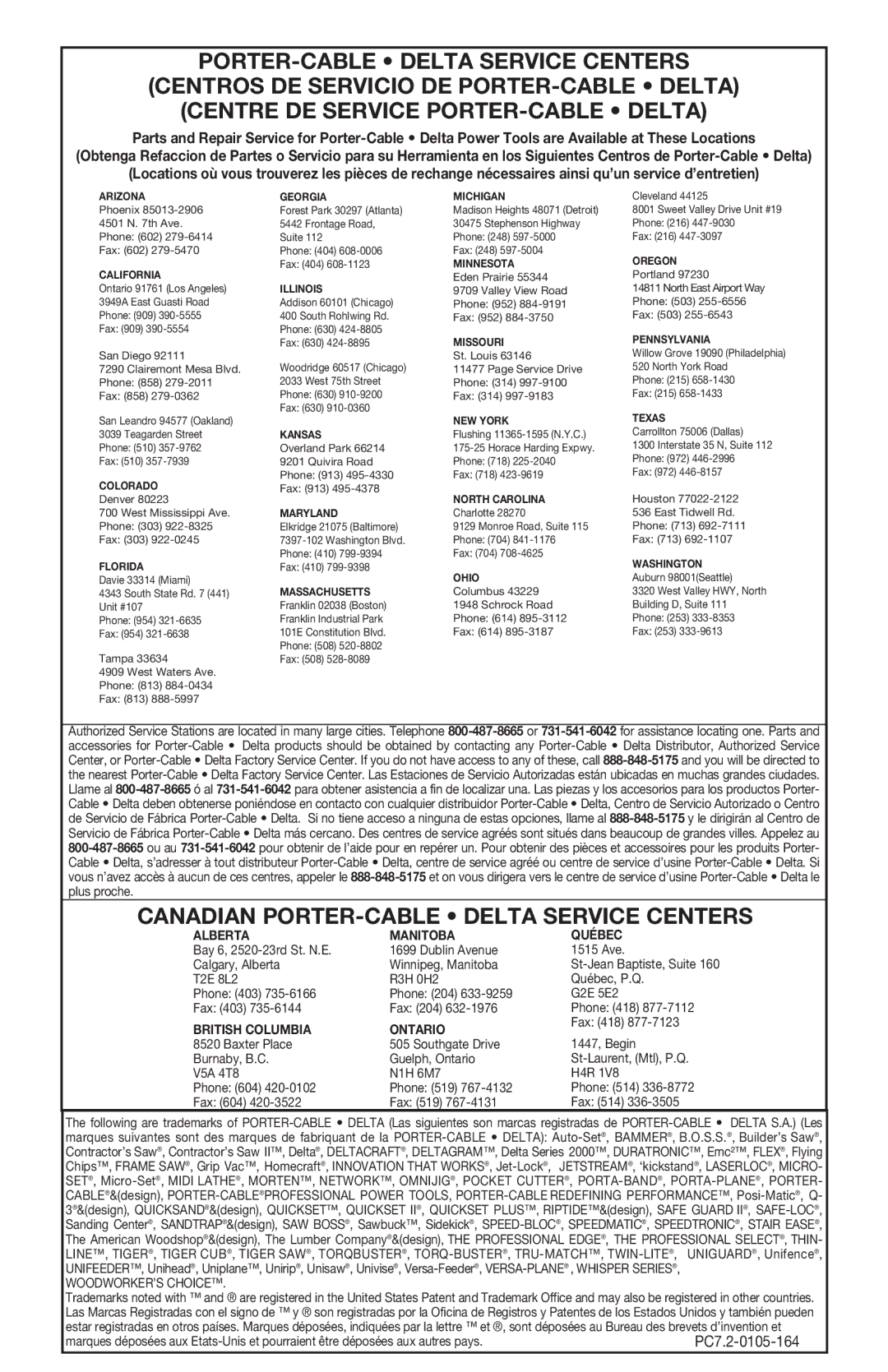 Porter-Cable 557 instruction manual Canadian PORTER-CABLE Delta Service Centers, Arizona Georgia Michigan 