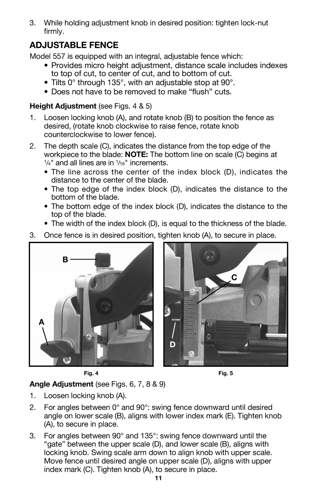 Porter-Cable 557 instruction manual Adjustable Fence, Height Adjustment see Figs 