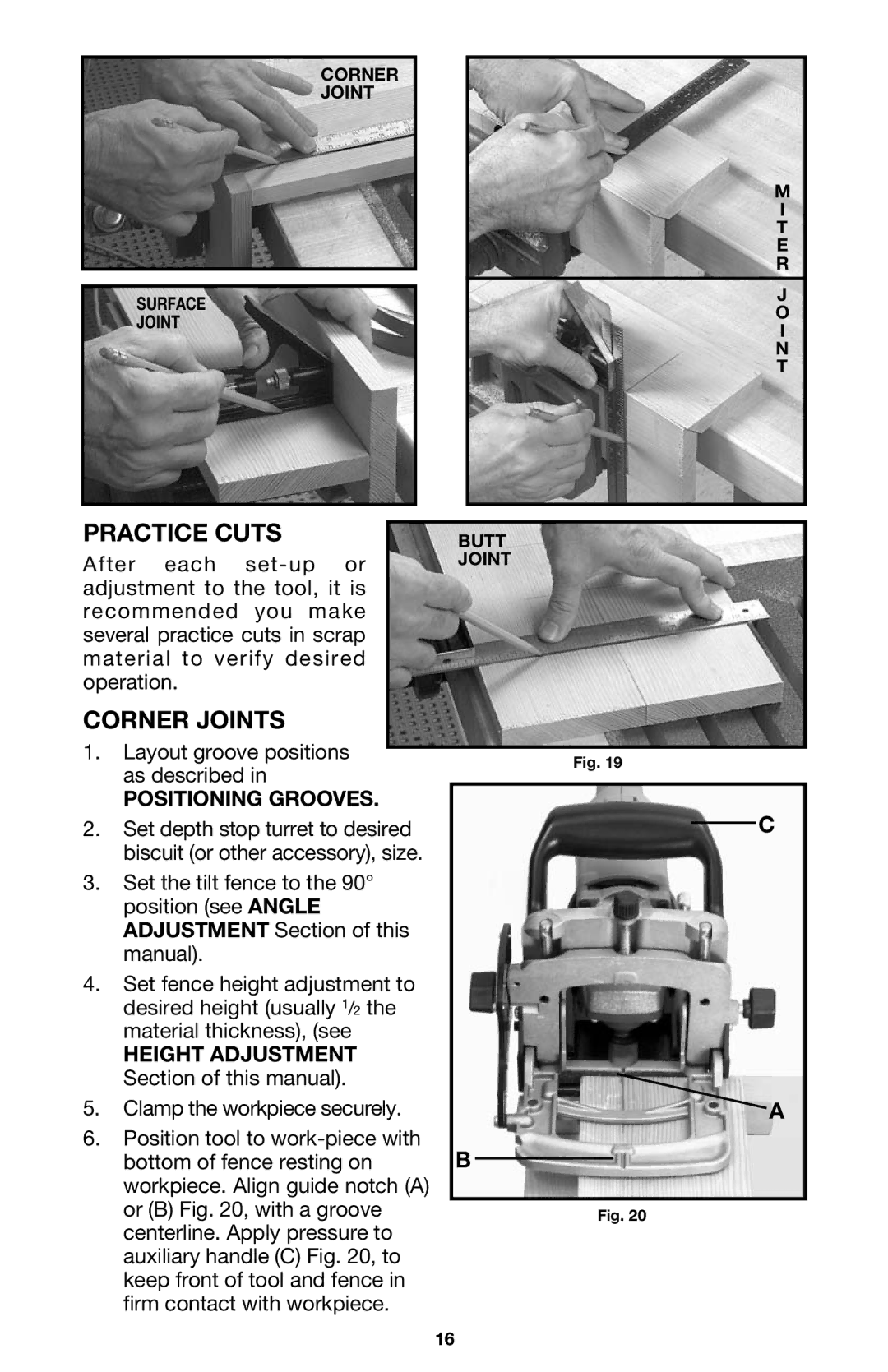 Porter-Cable 557 instruction manual Practice Cuts, Corner Joints, Positioning Grooves, Height Adjustment 