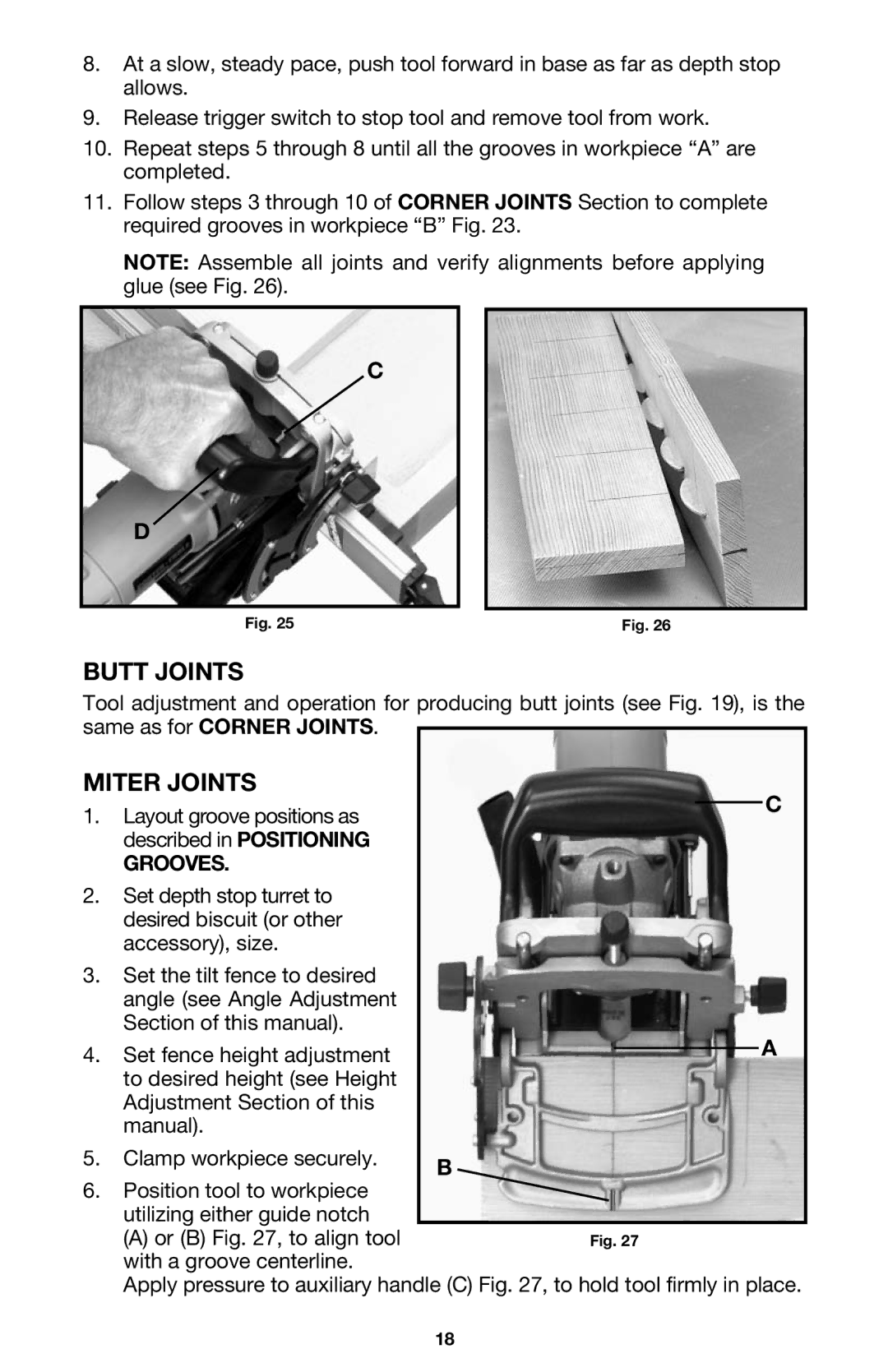 Porter-Cable 557 instruction manual Butt Joints, Miter Joints, Grooves 