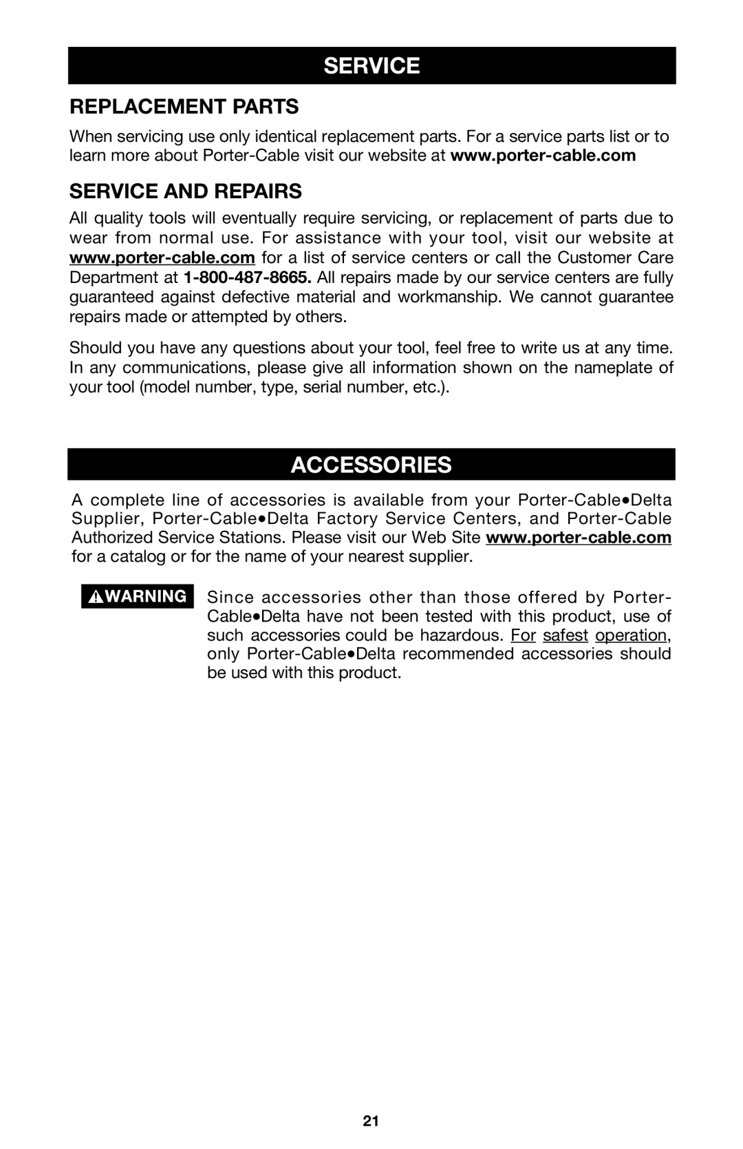 Porter-Cable 557 instruction manual Accessories, Replacement Parts Service and Repairs 