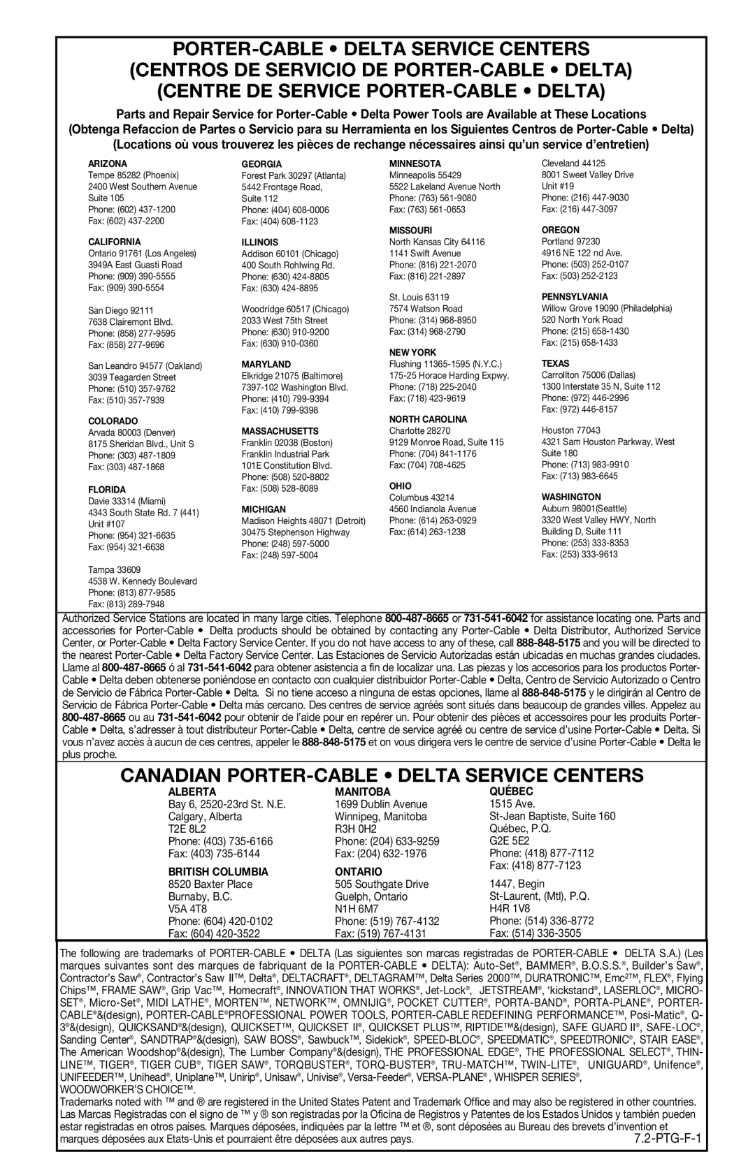 Porter-Cable 557 instruction manual Canadian PORTER-CABLE Delta Service Centers, Arizona Georgia Minnesota 