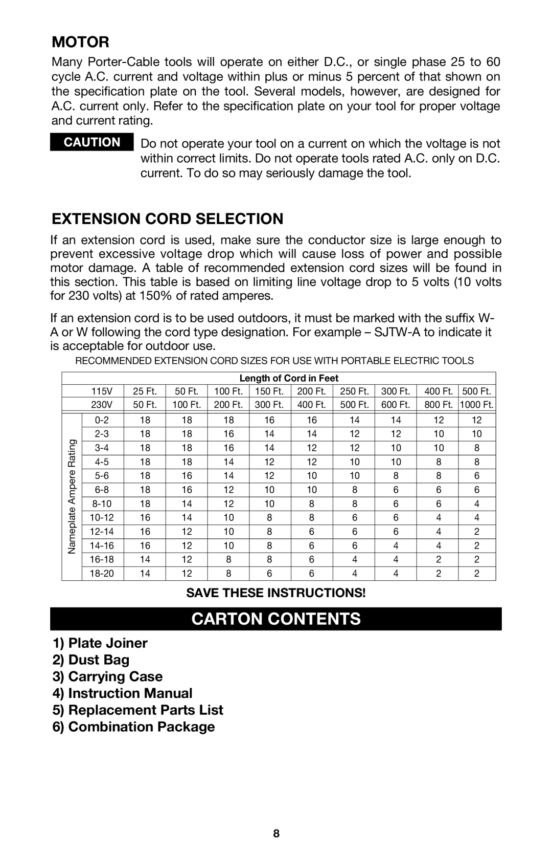 Porter-Cable 557 instruction manual Carton Contents, Motor, Extension Cord Selection 