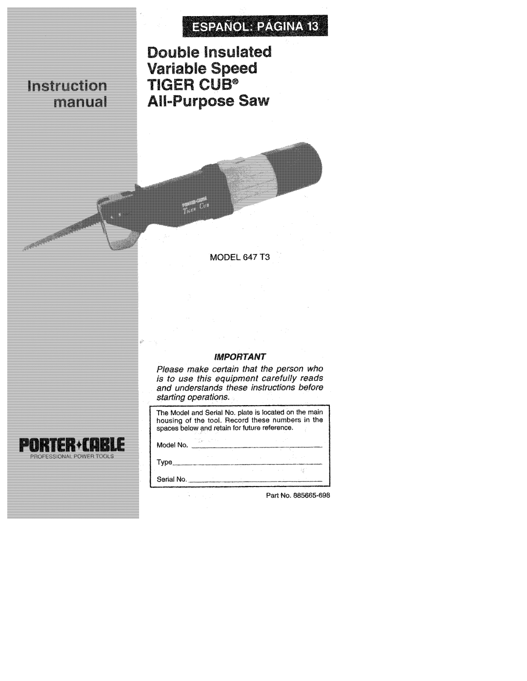 Porter-Cable 647 T3 manual 