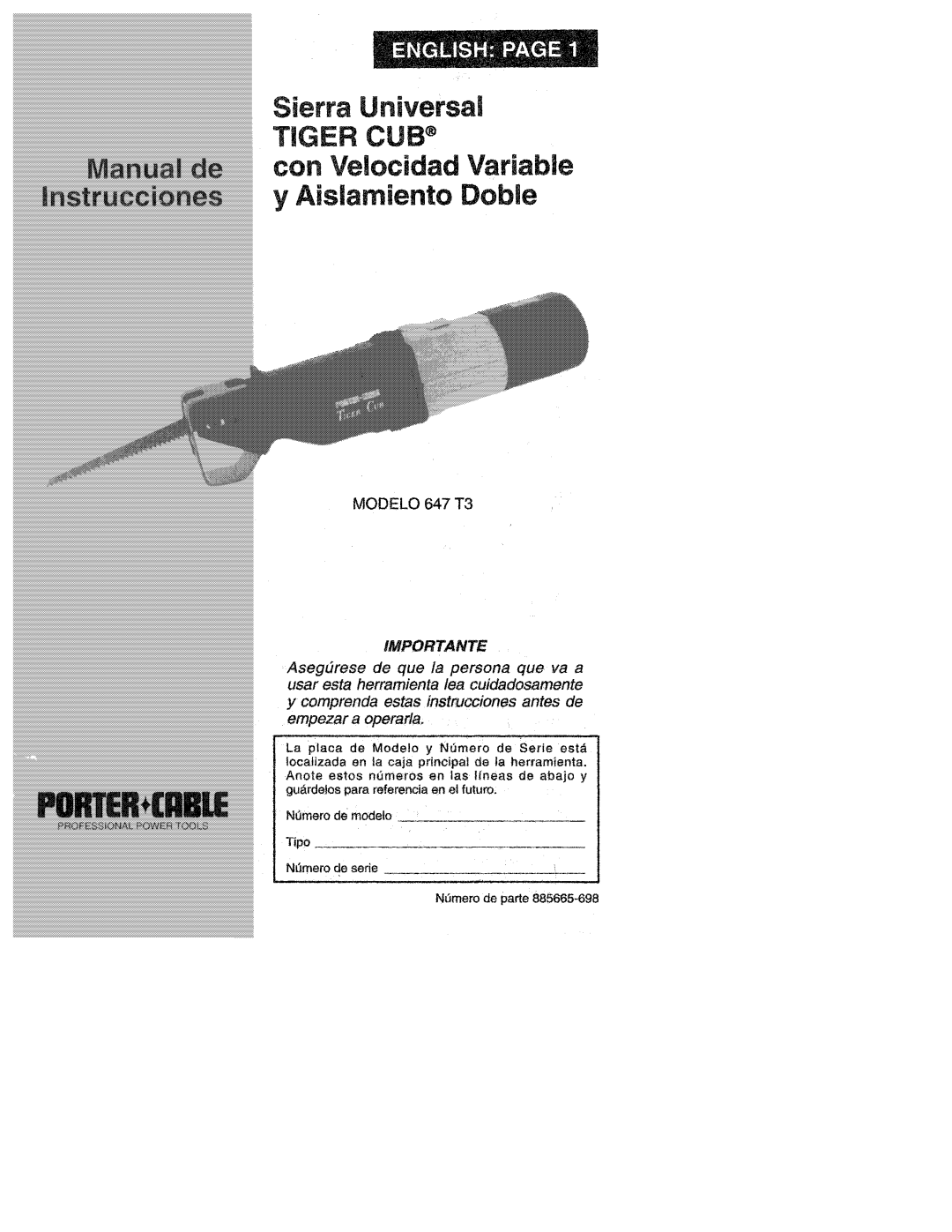 Porter-Cable 647 T3 manual 