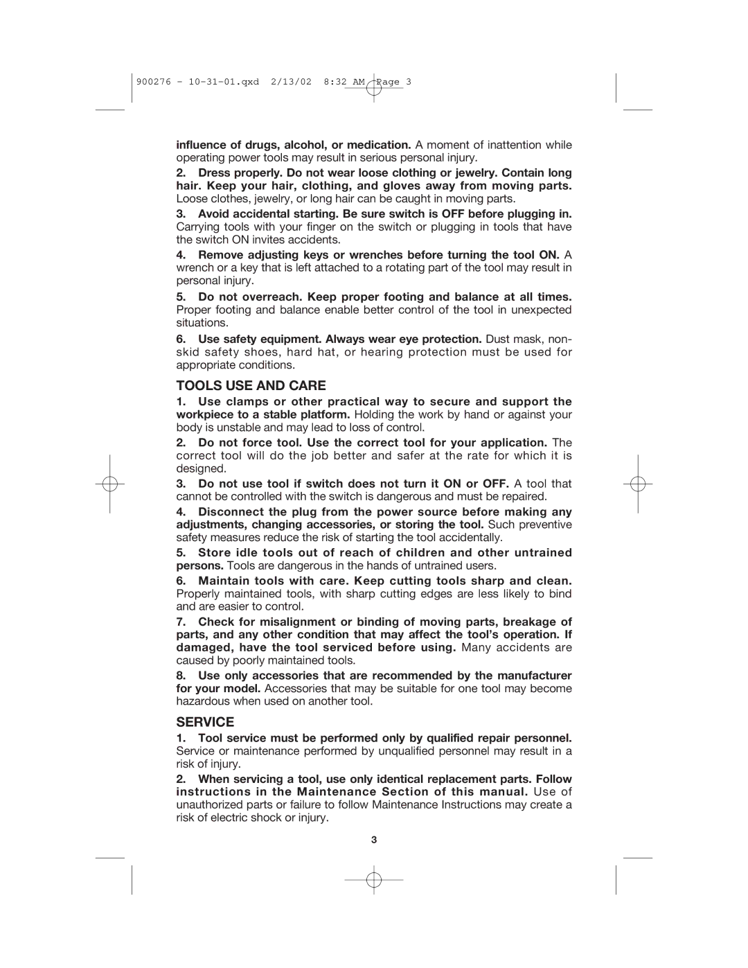 Porter-Cable 900276, 6602 instruction manual Tools USE and Care, Service 