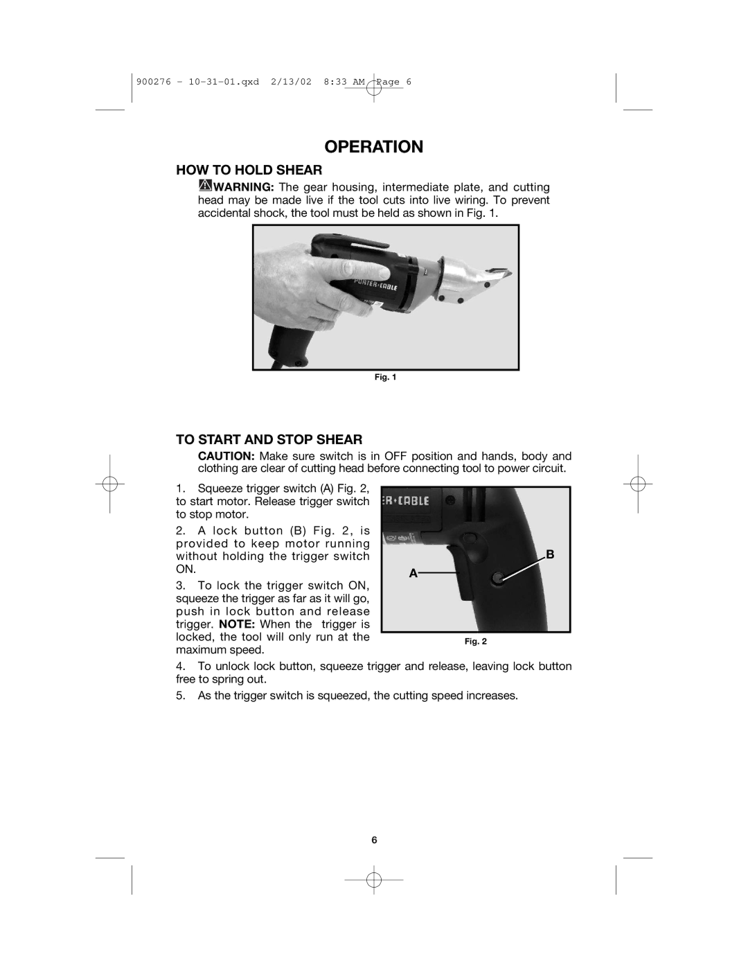 Porter-Cable 6602, 900276 instruction manual Operation 