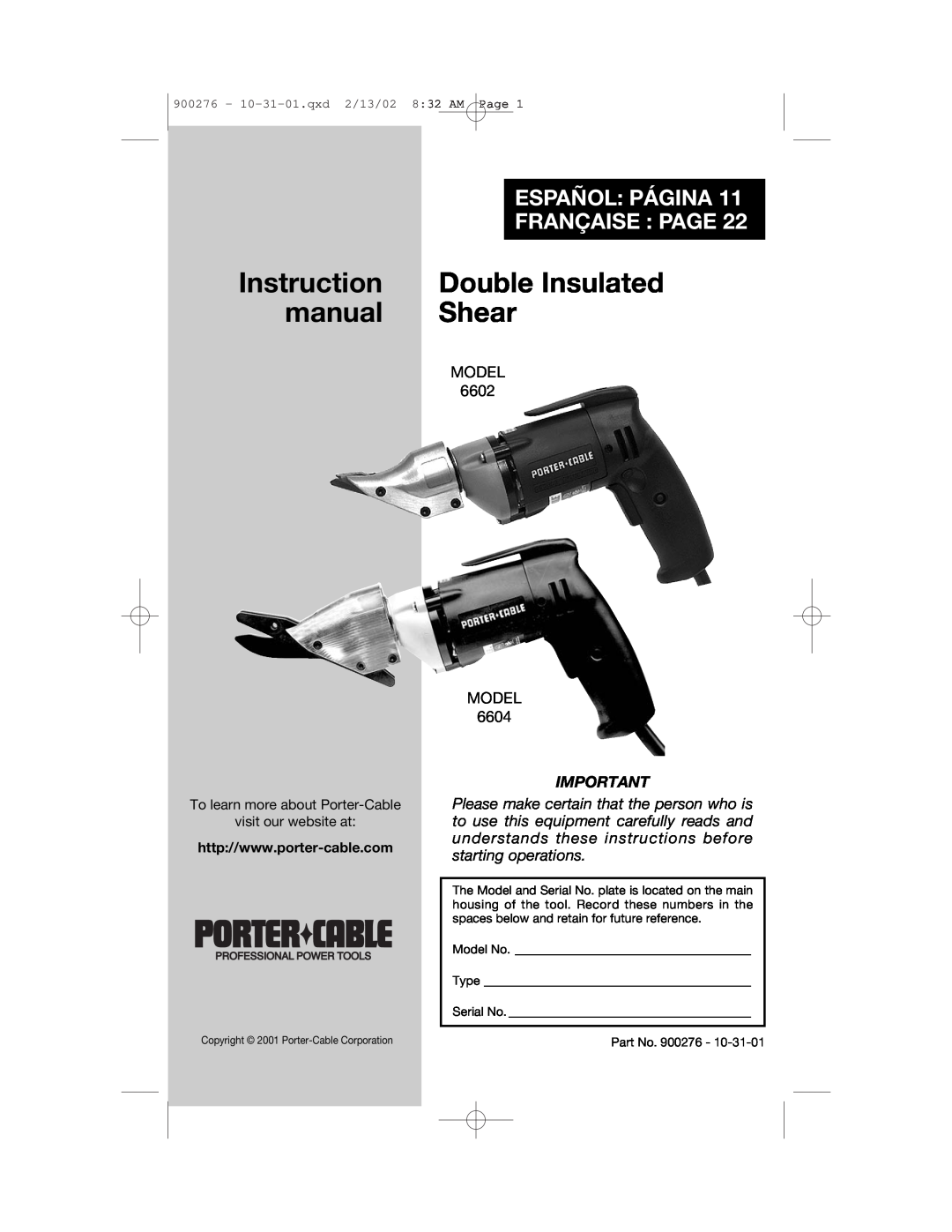 Porter-Cable 900276, 6602 instruction manual Double Insulated Shear, Español Página Française Page 