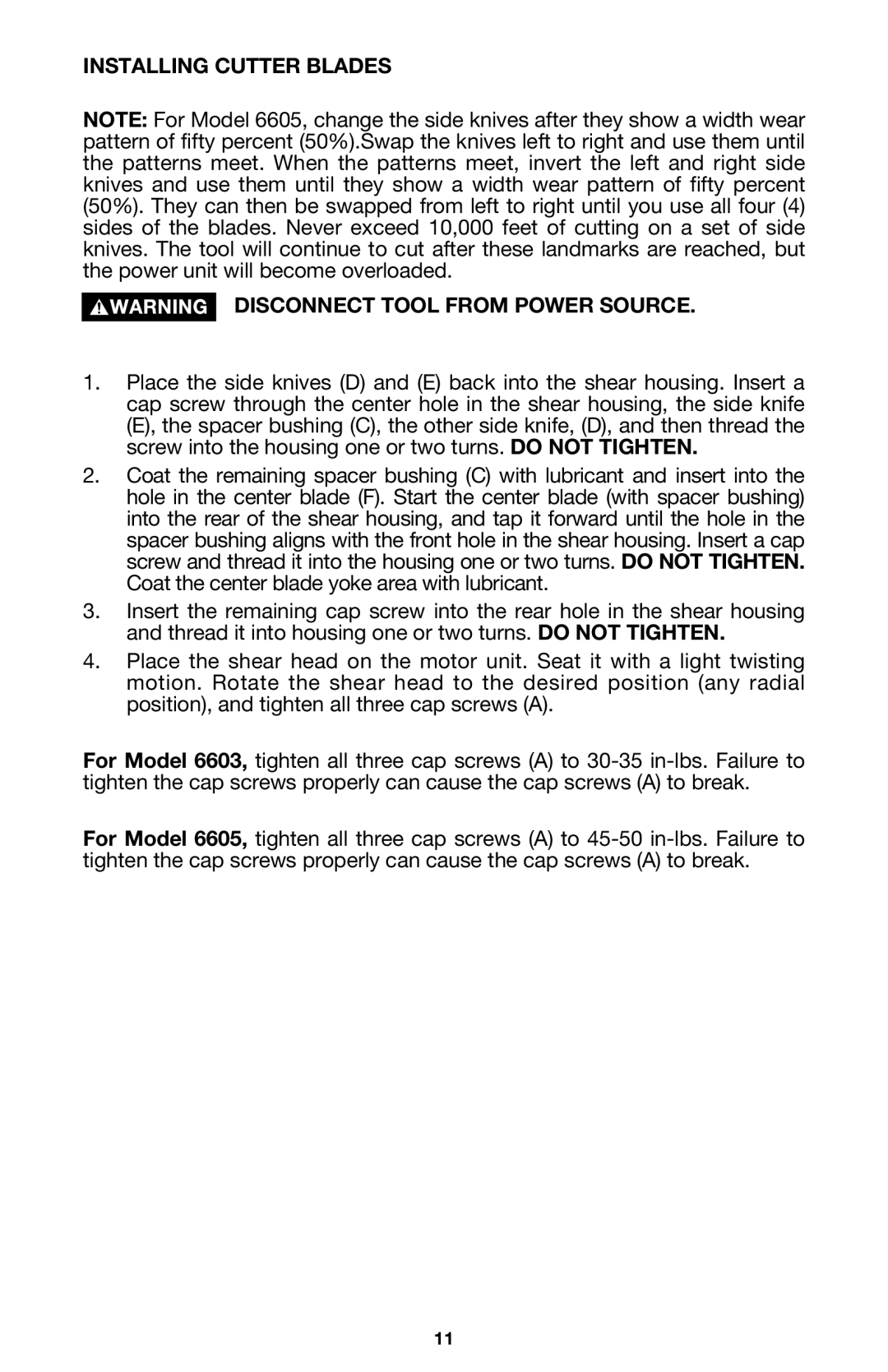 Porter-Cable 6603 instruction manual Installing Cutter Blades Disconnect Tool from Power Source 