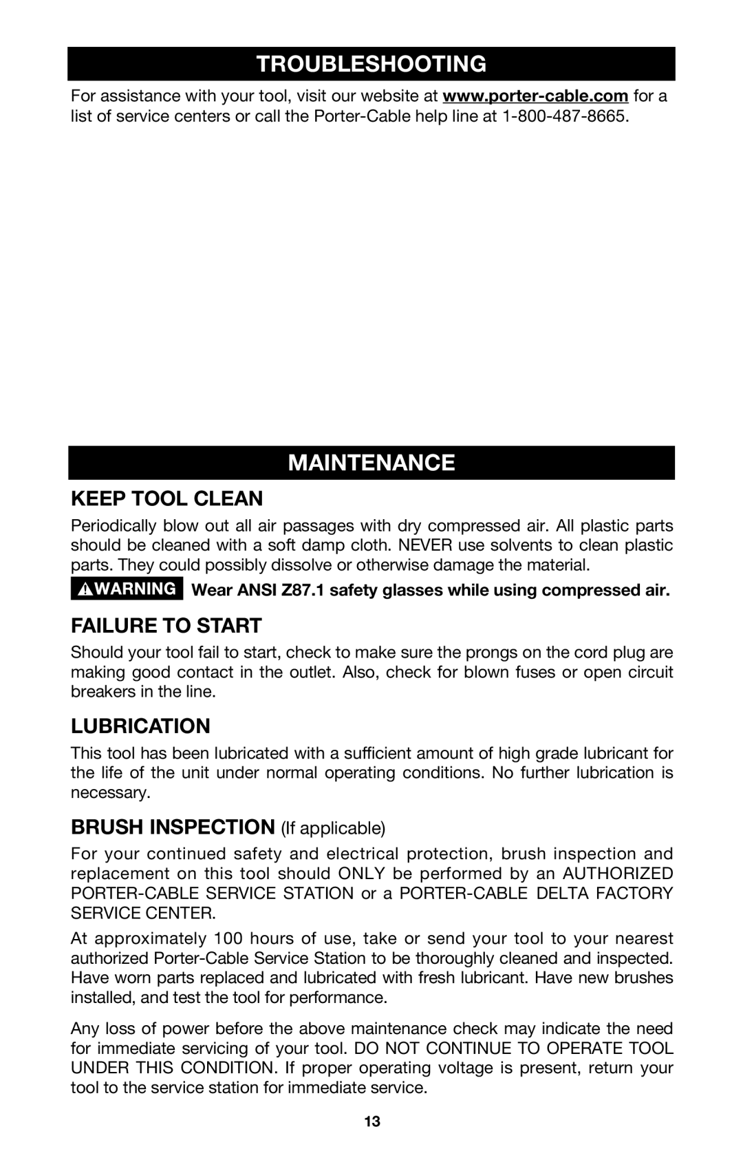 Porter-Cable 6603 instruction manual Troubleshooting Maintenance, Keep Tool Clean, Failure to Start, Lubrication 