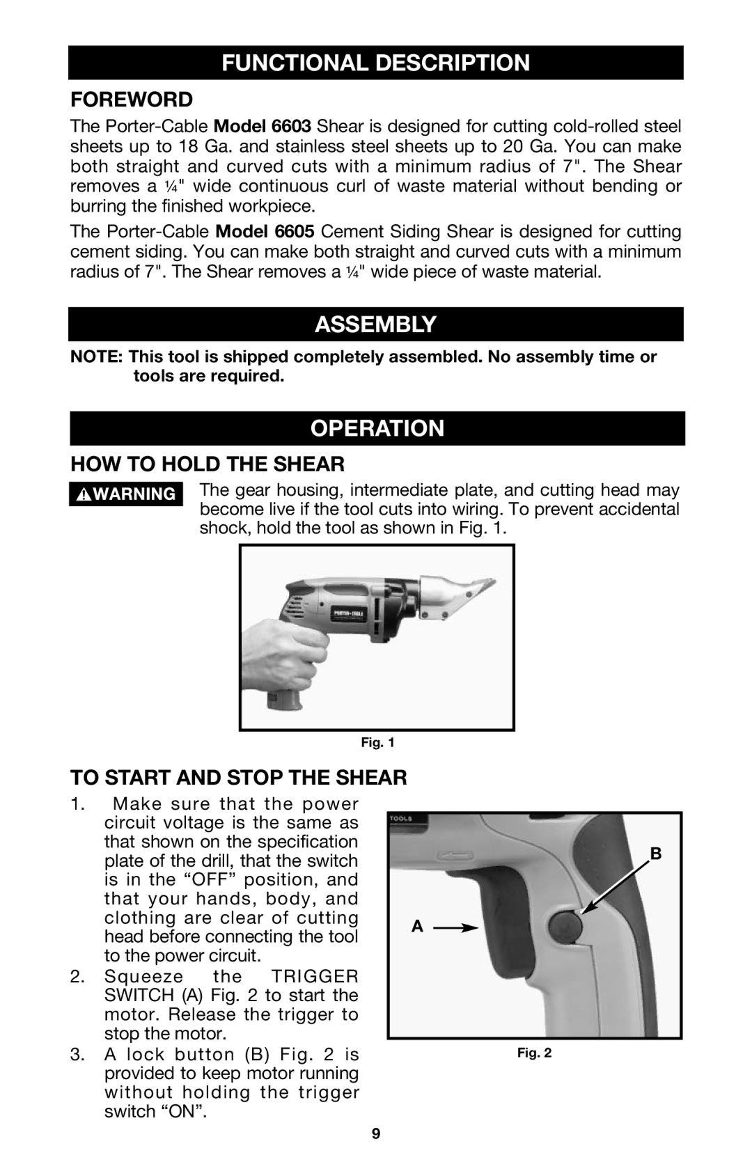 Porter-Cable 6603 Functional Description, Assembly Operation, Foreword, HOW to Hold the Shear, To Start and Stop the Shear 